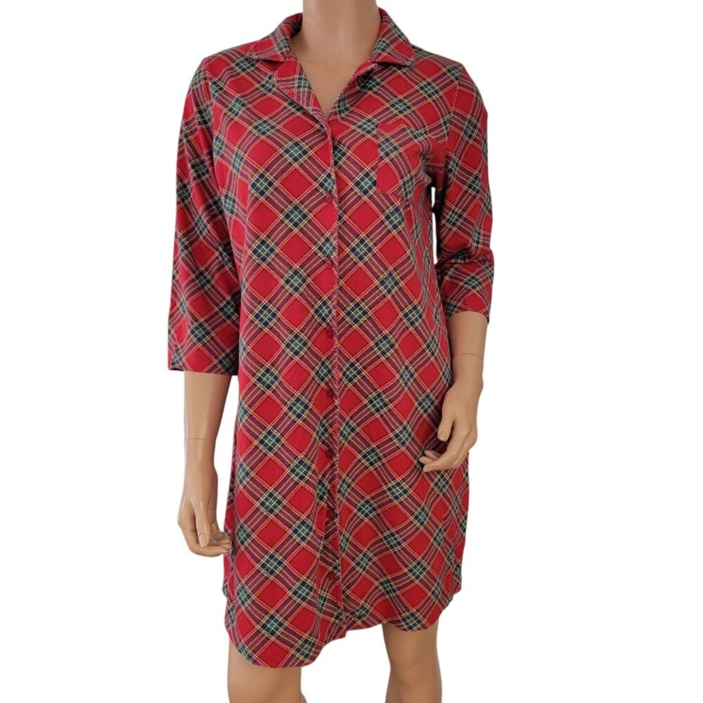 Talbots Womens Red Green Plaid Button Front Cotton‎ Pajama Dress Size Small